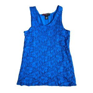 Peck & Peck Tank Top Embroidered Floral Overlay Scoop Neck Blue Large 12 - 14